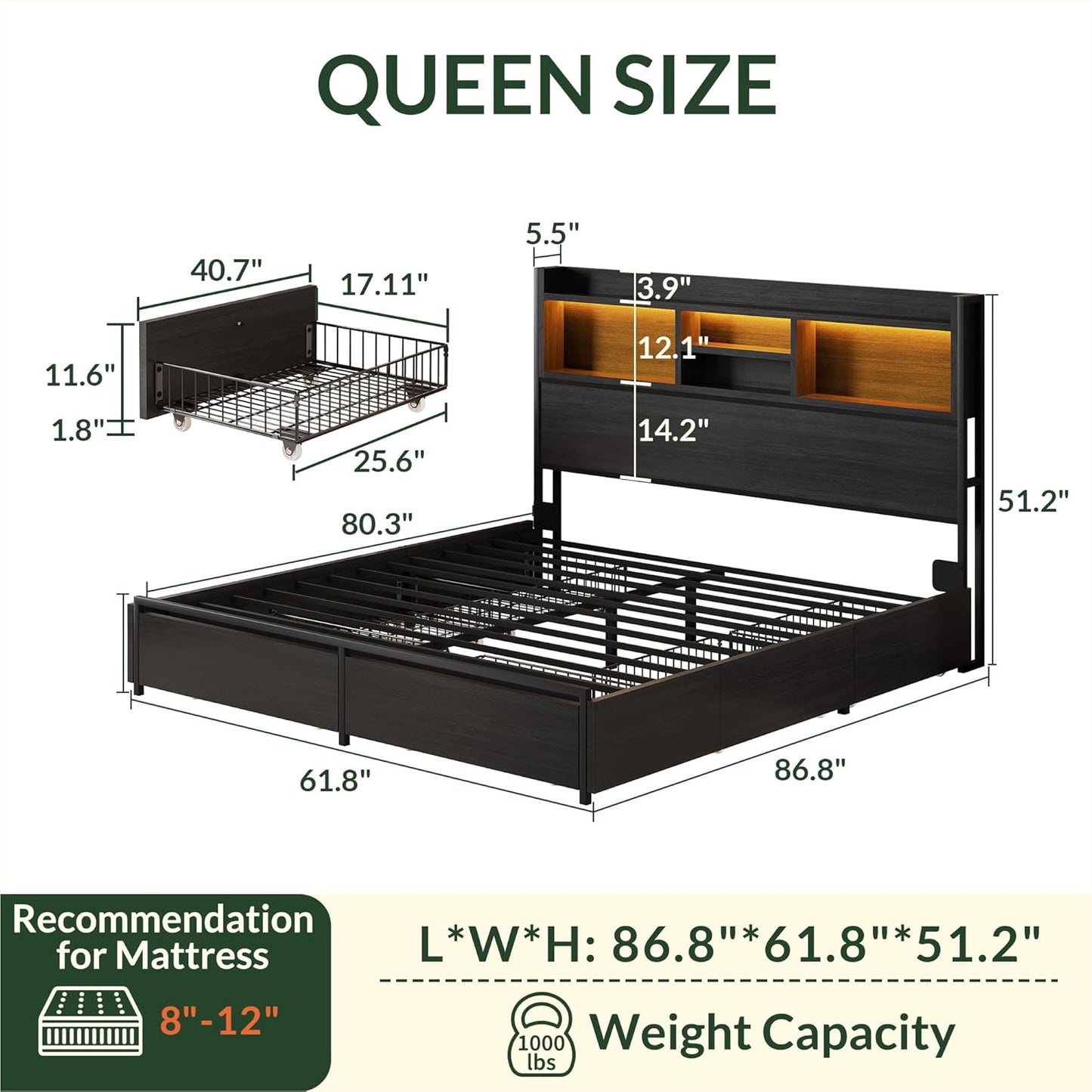 LARMACE Queen Size Bed Frame with 6 Storage Drawers and Headboard Wooden Platform Bed Frame with LED Lights and Charging Station Easy Assembly/No Box Spring Needed/Black