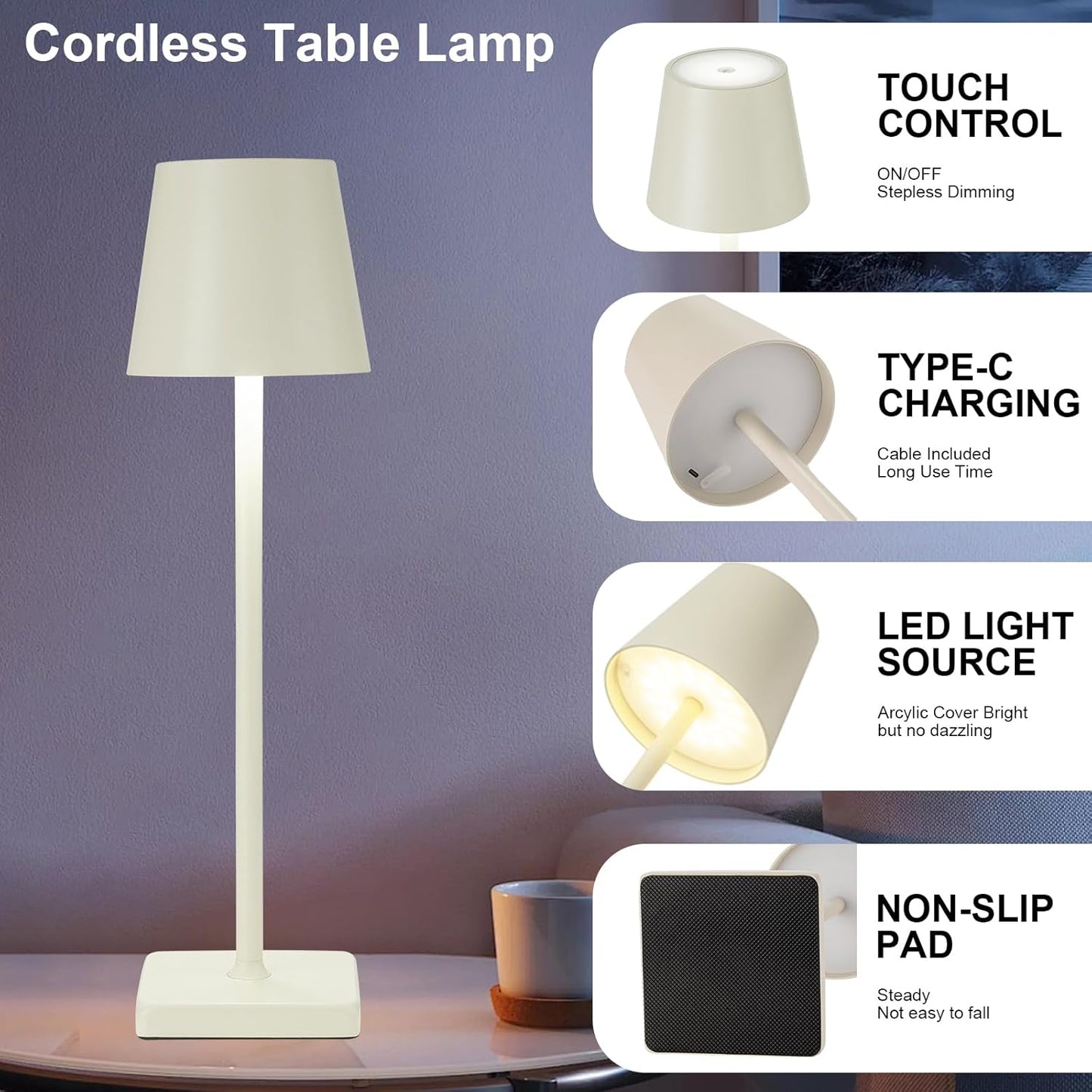 2 Pack Rechargeable Cordless Table Lamps, 5200mAh Battery Touch Table Light, Aluminum Shell Stepless Dimmable Portable LED Desk Lamp for Dinner/Restaurant/Outdoor Cream