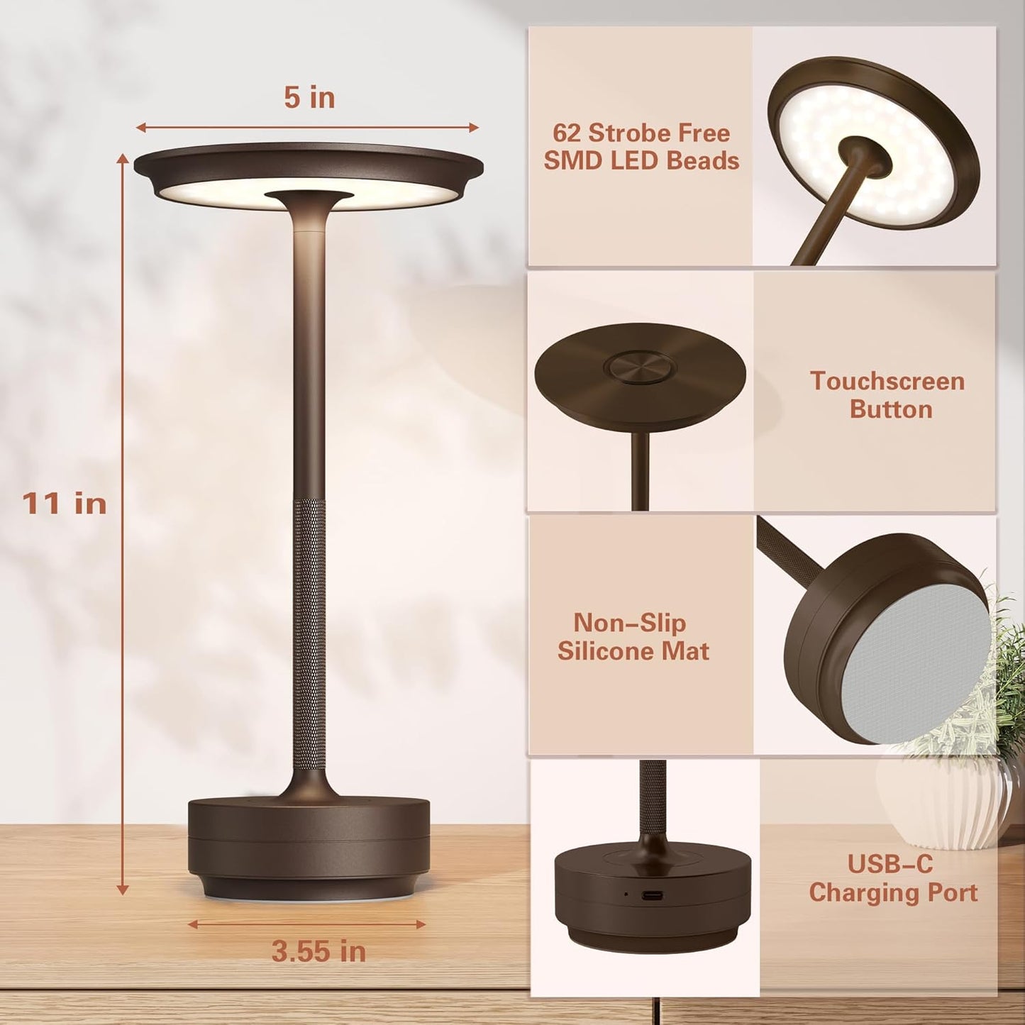 Cordless Table Lamp,USB Portable Rechargeable 5000mAh Outdoor LED Table Light,3 Levels of Brightness Infinitely Dimmable Touch Battery Powered Table Lamp,Dining/Patio/Nightstand(Brown)
