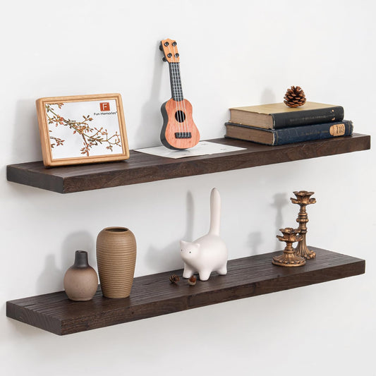 Fun Memories Solid Elm Wood Floating Shelves, 36 Inch Floating Shelves for Wall, Wall-Mounted Wooden Shelves with Invisible Heavy-Duty Brackets for Books, Bathroom, Kitchen, Walnut, 2 Pack
