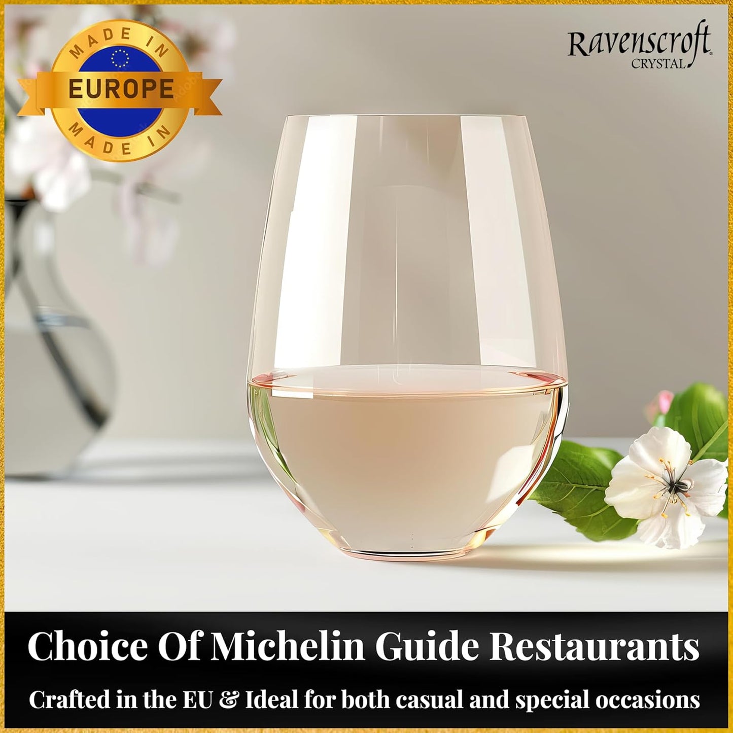 Set of 8 European-Made Stemless Wine Glasses | Voted New York Times Best Stemless Glass of 2017 | 17 FL Oz. | 100% Lead-Free Crystal | Thin | Dishwasher-Safe | Gift Box | Perfect for Everyday Use