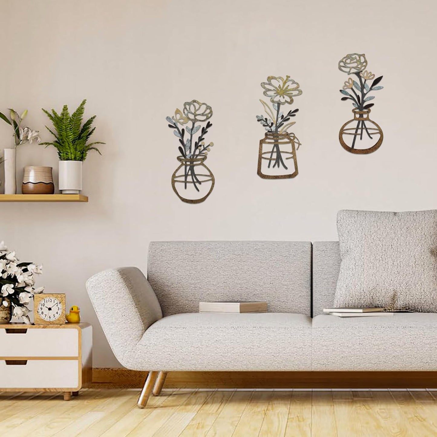 Metal Flower Wall Art 3 Pieces, Rustic Farmhouse Decor Wall Decor, Metal Wall Sculptures Hanging for Kitchen Bathroom Living Room (Brown)