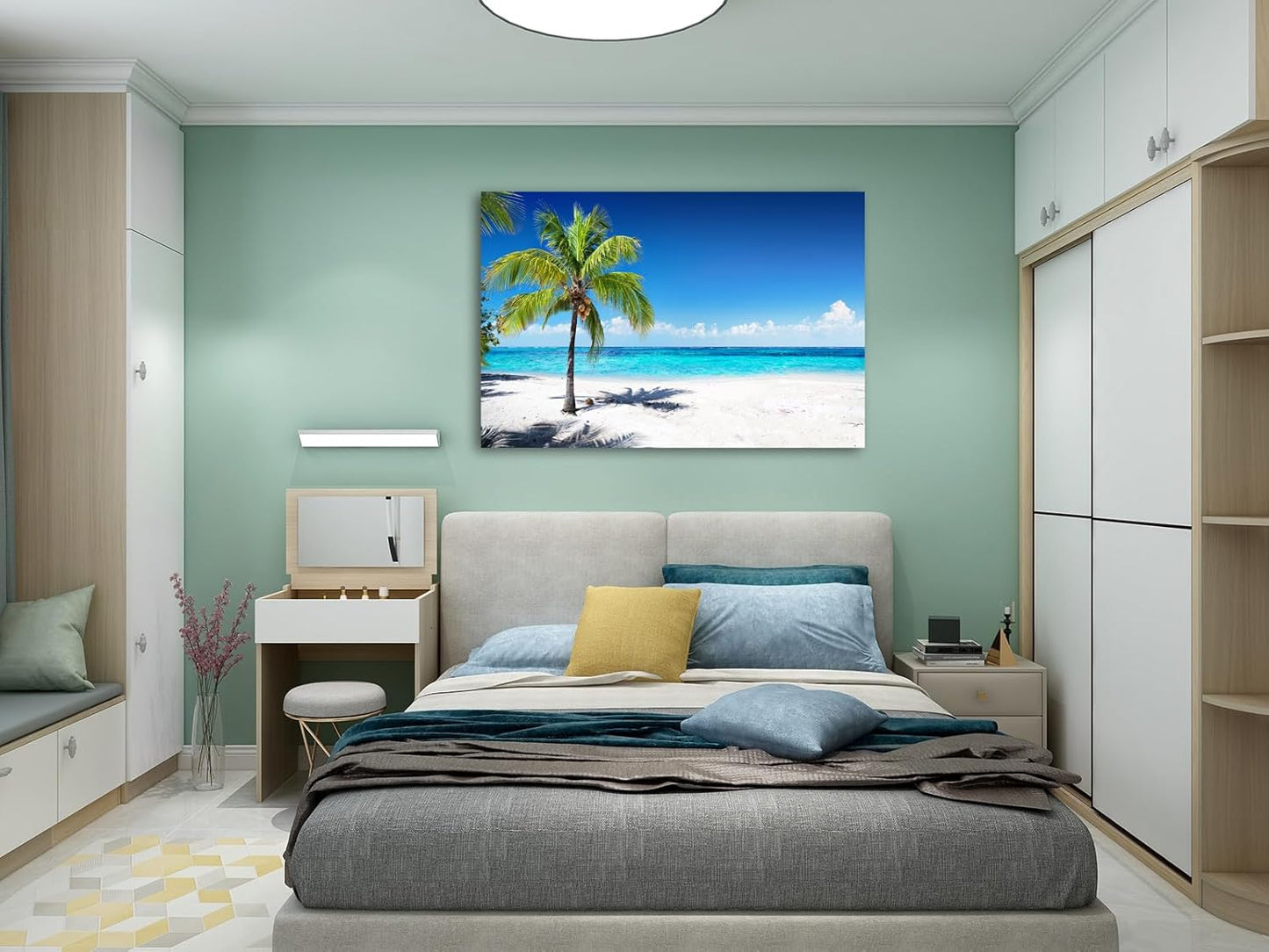 Baisuart-S03969 Large Canvas Wall Art Summer Ocean Waves Prints Coconut Trees on Sands Beach Seascape Painting Sea Nature Pictures Framed for Living Room Home Office Wall Decor Artwork