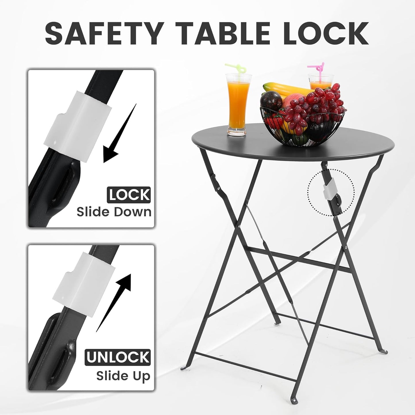 Kromax Outdoor 3 Piece Patio Bistro Set, Folding Bistro Table and 2 Folding Chairs, Patio Conversation Furniture Set, Space Saving, Black