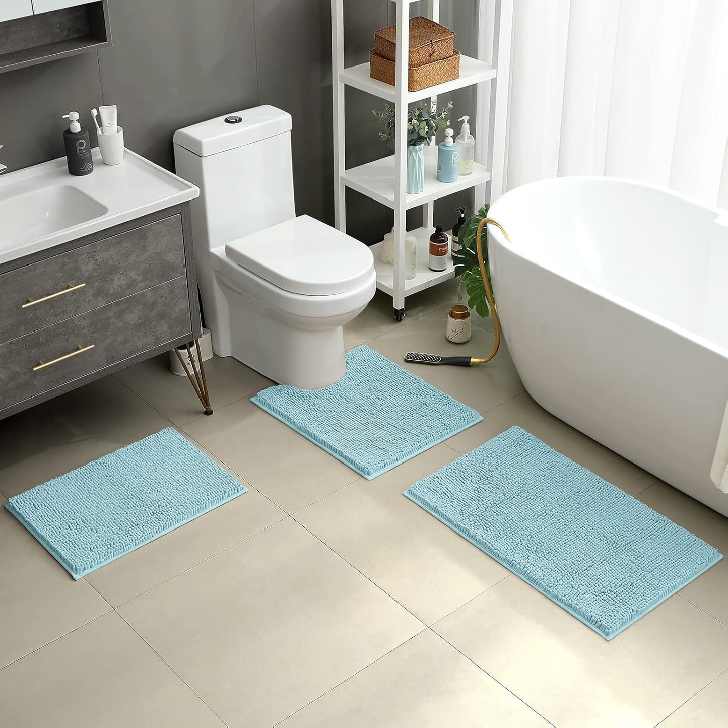 HOMEIDEAS 3 Pieces Bathroom Rugs, Ultra Soft Non Slip Absorbent Chenille Toilet Bath Mat Set (Light Blue,17"x24"+20"x32"+U Shape 20"x24")
