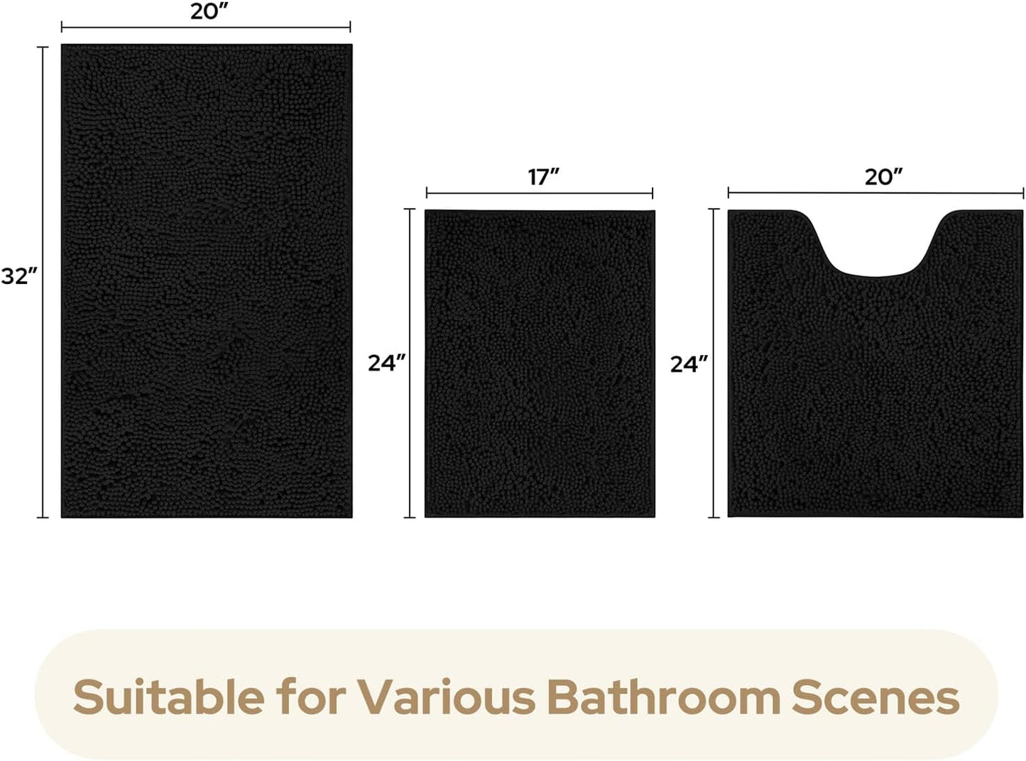 HOMEIDEAS 3 Pieces Bathroom Rugs, Ultra Soft Non Slip Absorbent Chenille Toilet Bath Mat Set (Black,17"x24"+20"x32"+U Shape 20"x24")