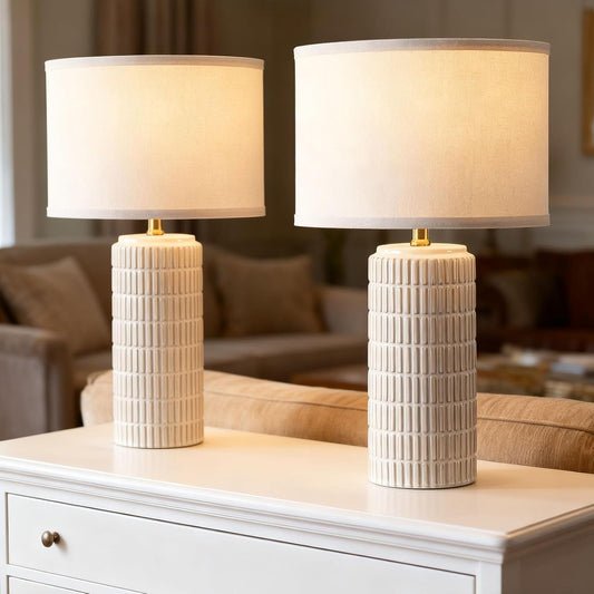 Modern Ceramic Table Lamp Set of 2, Bedside Lamp for Bedroom Decor, Nightstand Lamp with 3 Color Temperatures, Desk Light for Living Room Dorm Office, White