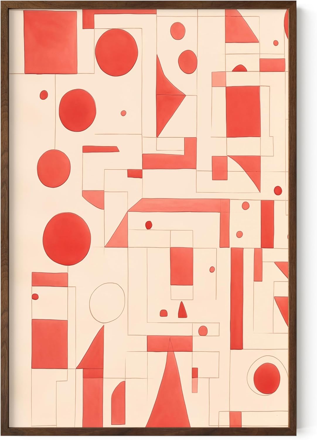 HAUS AND HUES Colorful Abstract Wall Art - Minimalist Retro Picture for Living Room Decor, Red and Pink Modern Wall Art Painting (Red Geometric, Walnut Frame, 24x36)