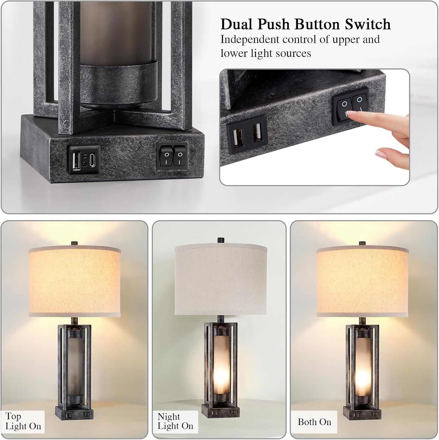 RORIANO Set of 2 Industrial Table Lamps for Living Room with USB C+A, Vintage End Table Lamp for Bedroom with Gray Nightlight, Farmhouse Rustic Desk Lamp for Bedside, 4 Bulbs Included (Iron Gray)