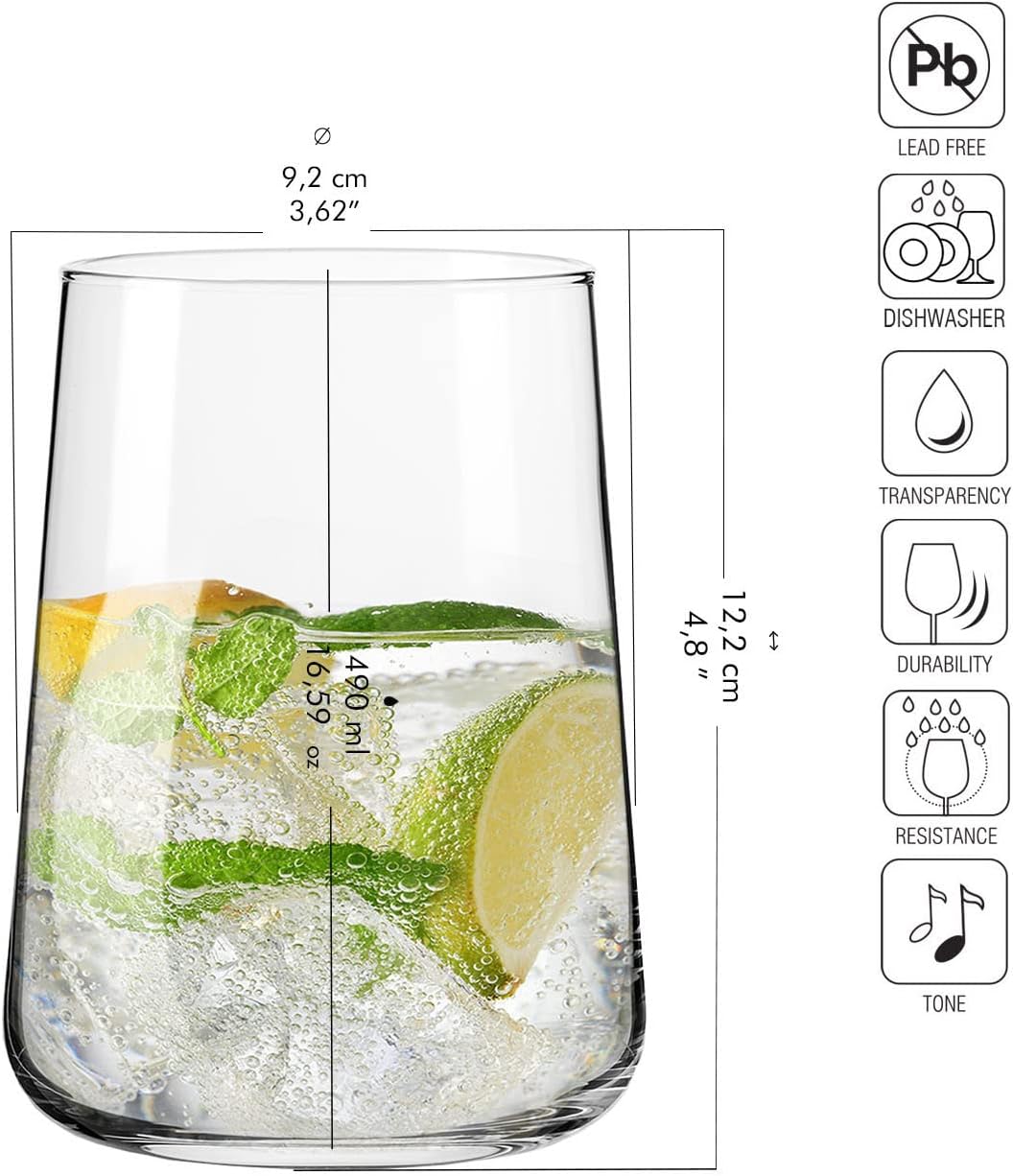 Krosno Water Glasses, Set of 6, 16.6 fl oz, Water Drinks Juice, Infinity Collection, Lead-Free Lightweight Glass, Everyday Drinking Glass, Dishwasher Safe, Made in Europe