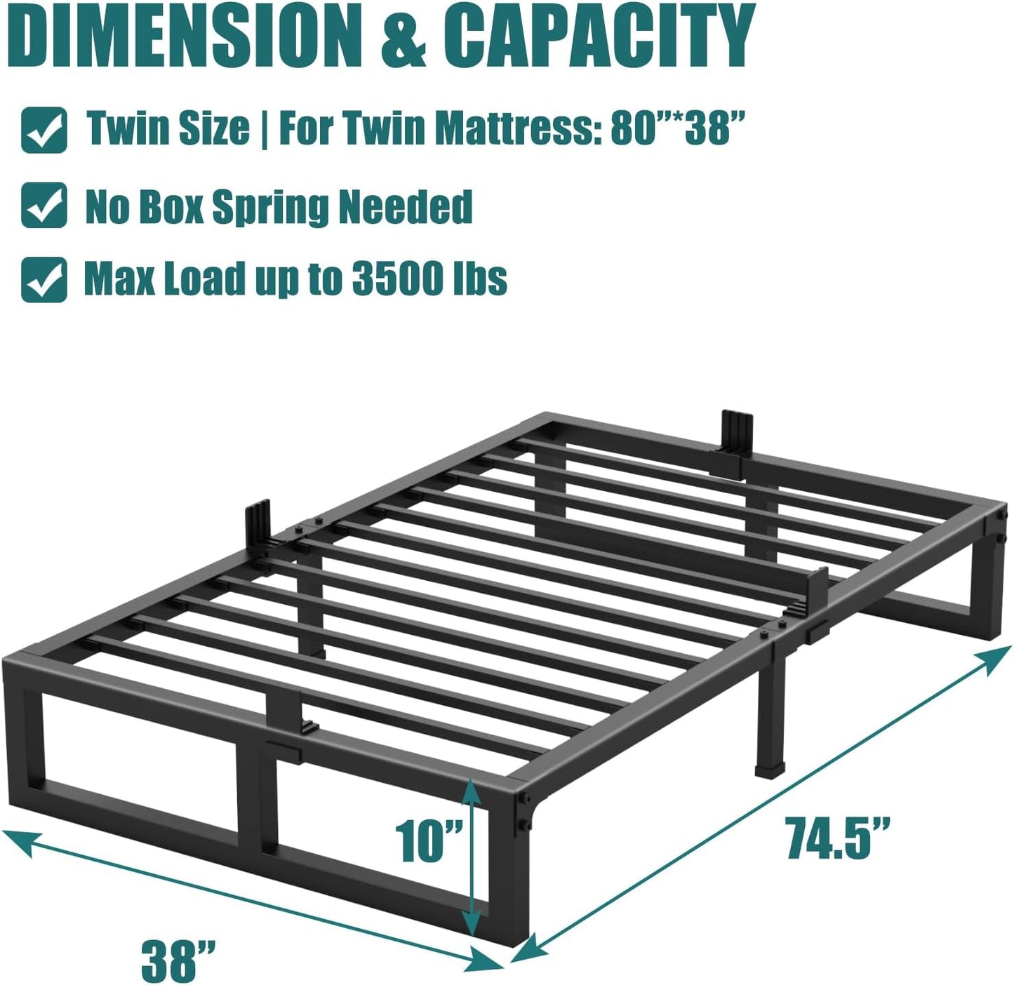 10 inch Twin Bed Frame Low Profile Metal Platform Frames with Mattress Slide Stopper,Heavy Steel Slats Support,No Box Spring Needed,Noise Free,Non-Slip,Easy Assembly