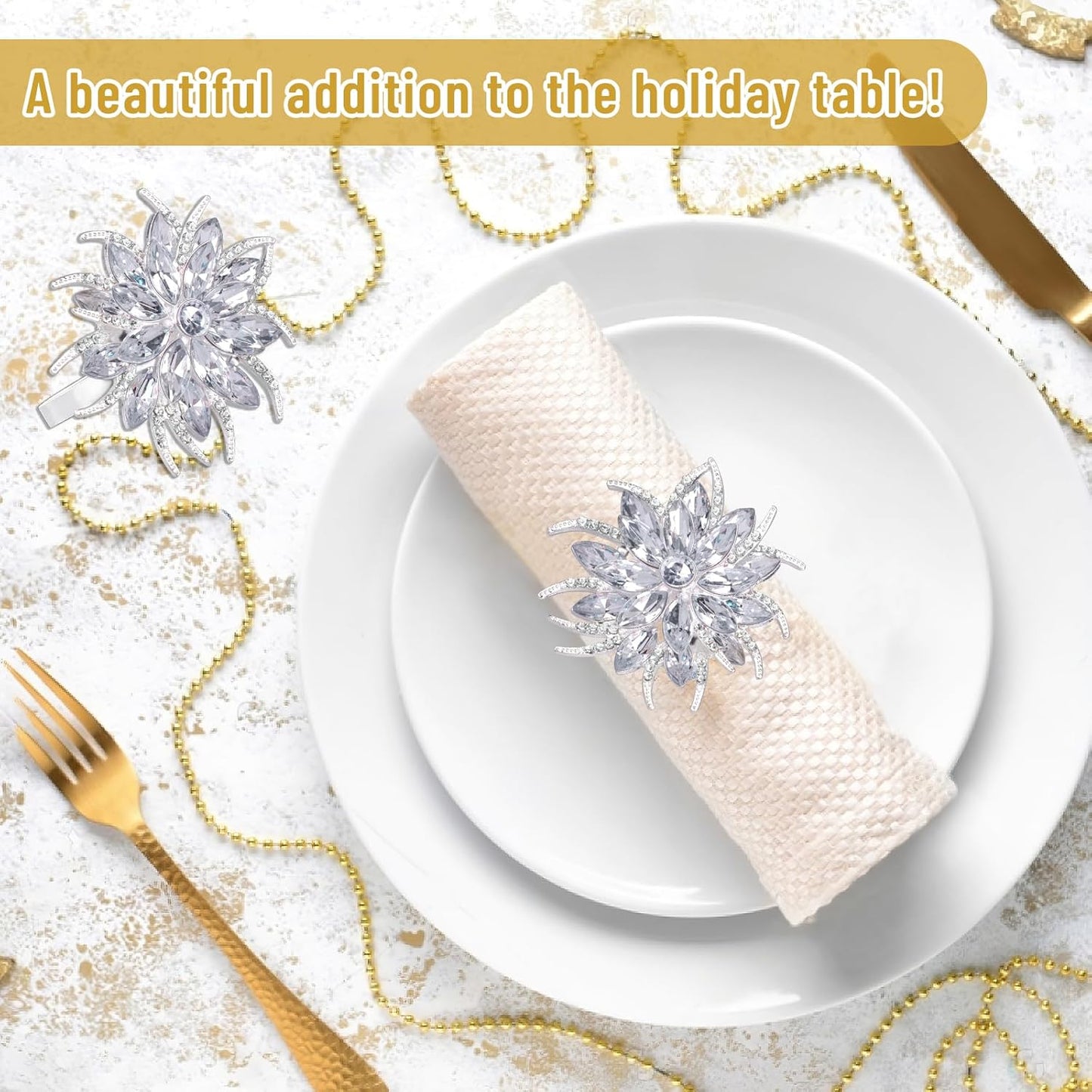 Legigo Set of 6 Christmas Lotus Flower Napkin Rings Set for Dinning Table Setting- Silver Rhinestone Xmas Winter Napkin Ring Holders for Cloth Napkins, Christmas Holiday Party Dinner Table Decoration