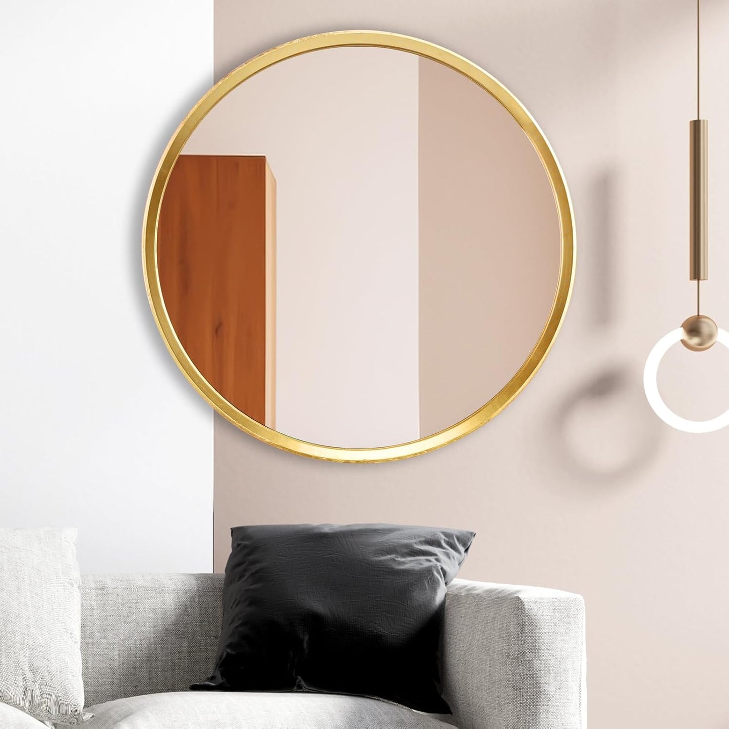 Round Mirror 24 Inch, Gold Wood Mirror, Wall Circle Mirrors, Large Wood Frame Mirror, Round Mirrors for Wall Decor, Bathroom Mirror, Nursery Mirror