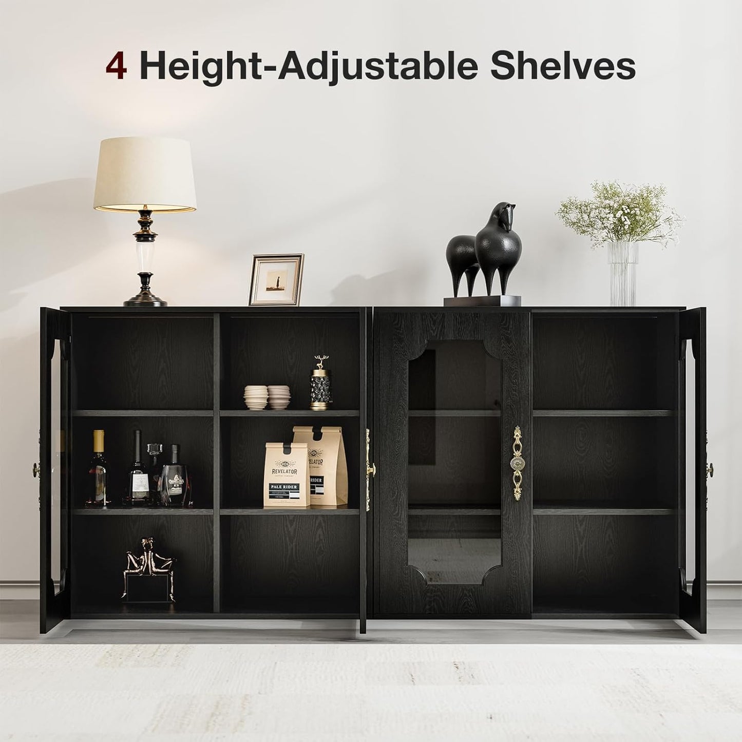 Modular Buffet Storage Cabinet, Glass 2-Door Kitchen Sideboard Buffet Console w/Adjustable Shelves, Wood Modular Organizer for Kitchen Living Room, 31.5 Inch