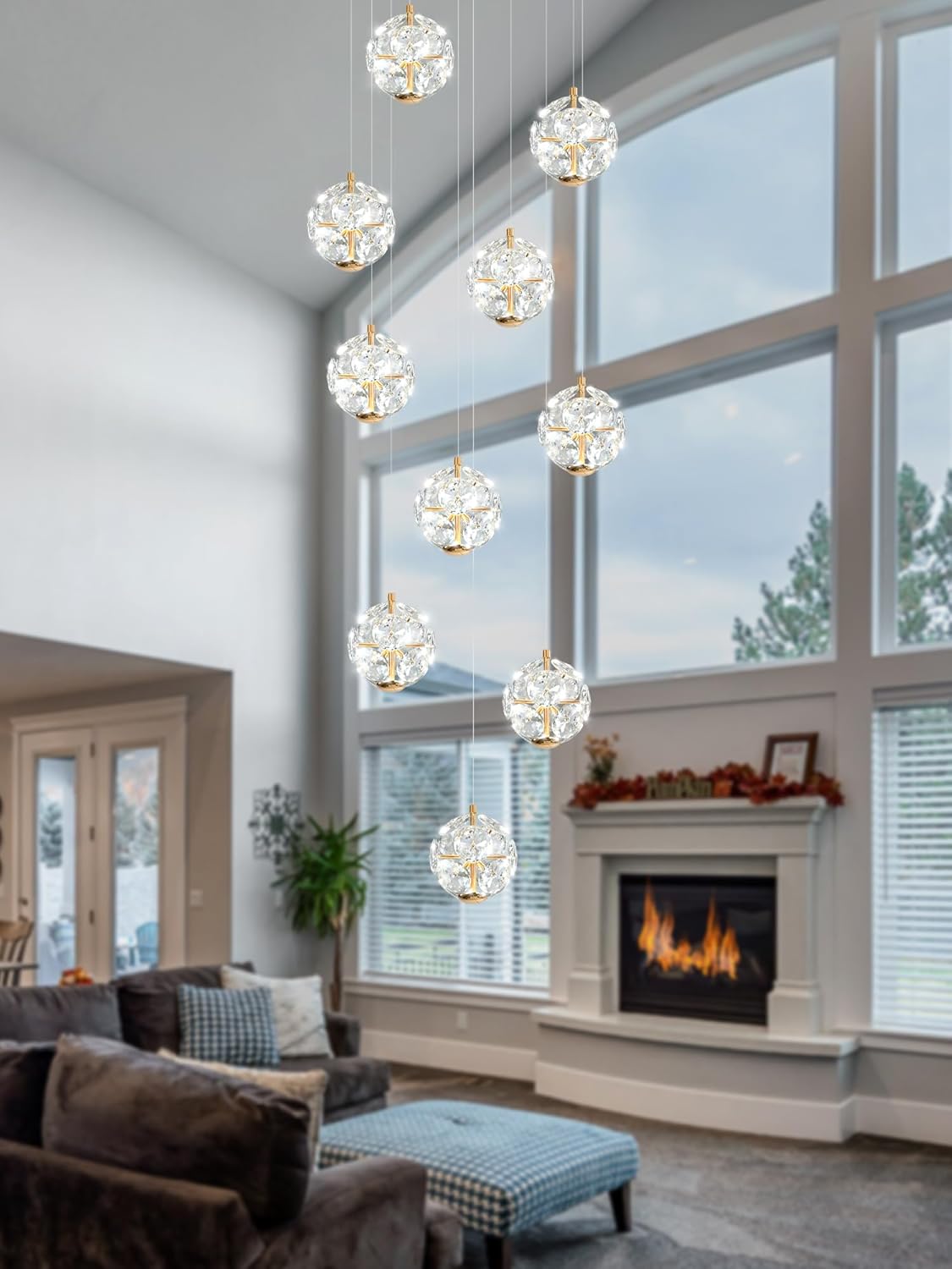 10-Light LED Staircase Modern Pendant Light Gold Crystal Ball Chandeliers Large Chandeliers for High Ceilings, Entryway Lighting Fixture Villas and Stairs