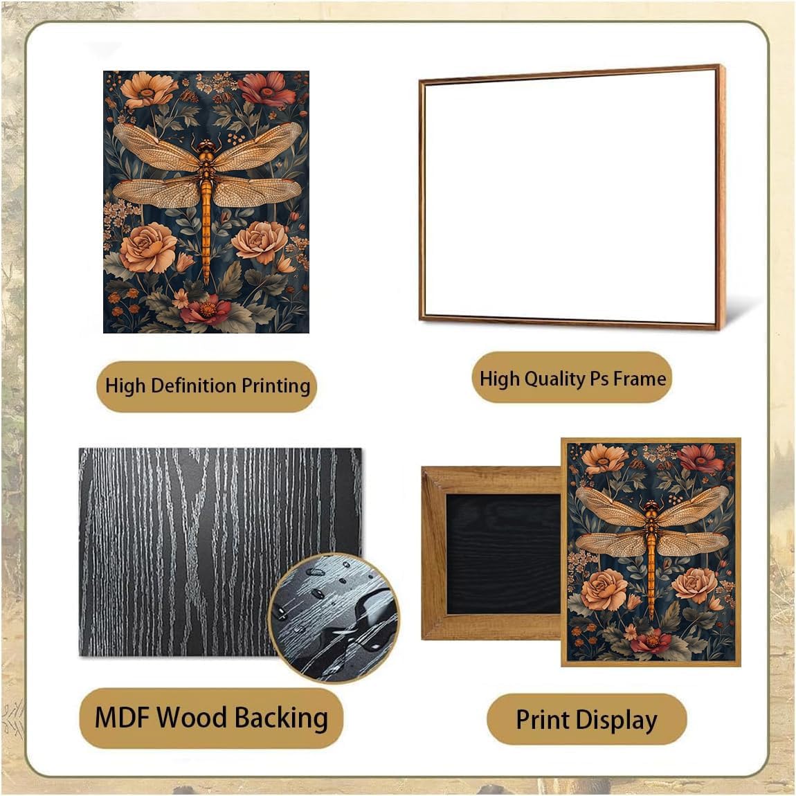 Djmwtb Vintage Dragonfly Framed Wall Art Floral Botanical Canvas Art Prints Flower Pictures Wall Decor Nature Paintings Artwork for Bedroom Living Room 12x16in