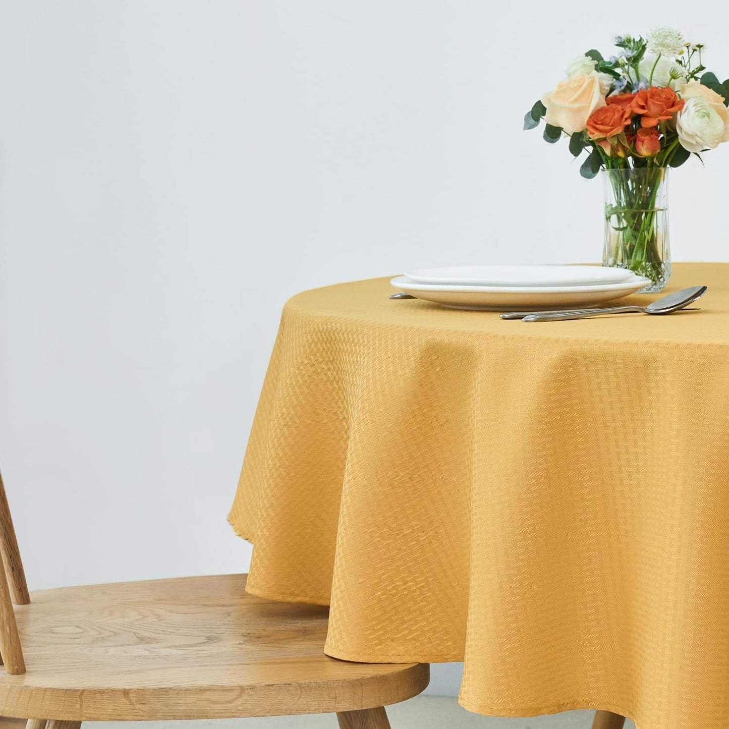 maxmill Round Weaved Texture Design Tablecloth Spill-Proof Wrinkle Free Soft Washable Table Cloth for Circular Table Cover, for Dining Room Banquet Parties Holiday Dinner, 70 Inch Ochre Yellow