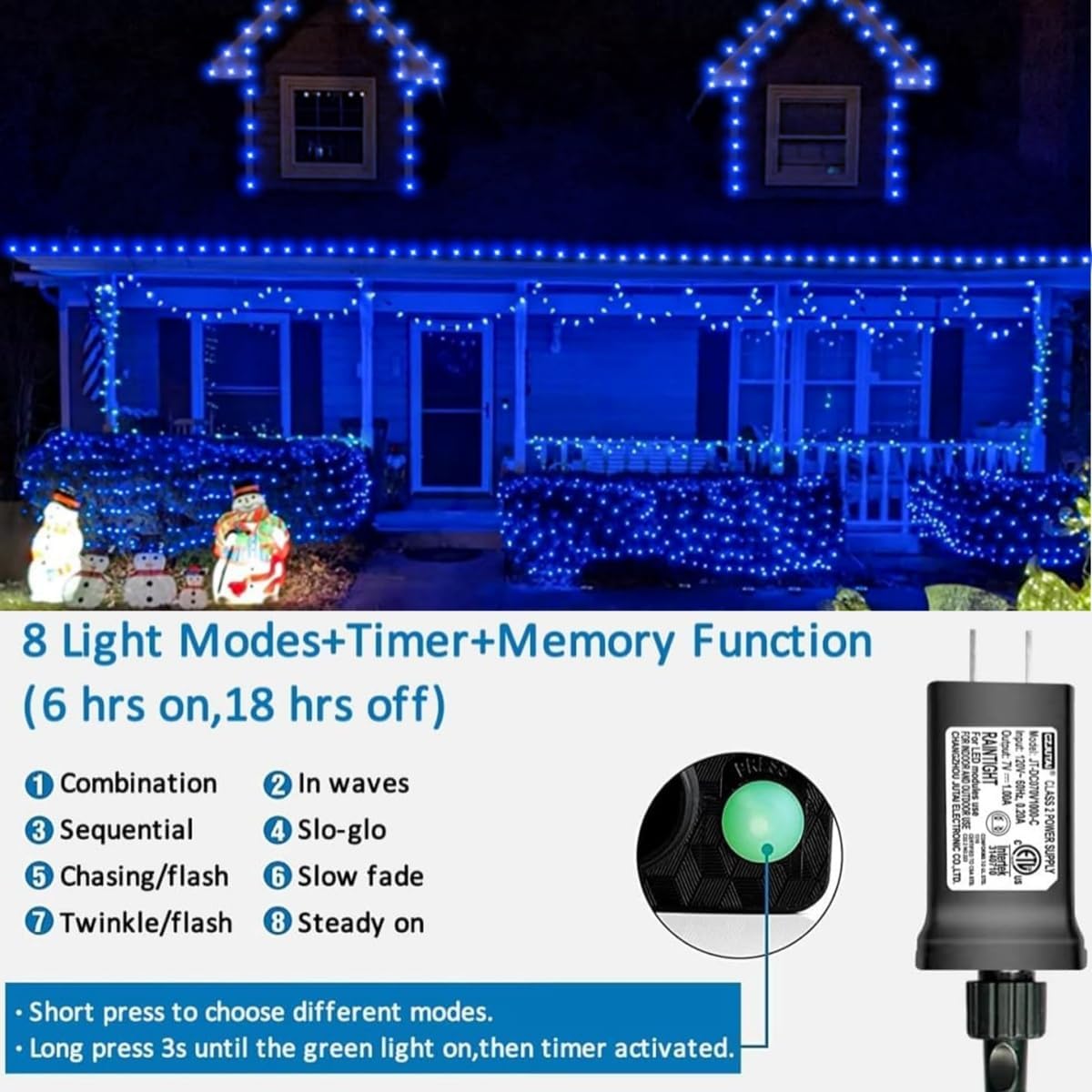 YEGUO 165ft 500 LED Blue Christmas Lights Outdoor Waterproof, Clear Wire String Lights Indoor Plug in, 8 Modes Twinkle Tree Light for Xmas Party Garden