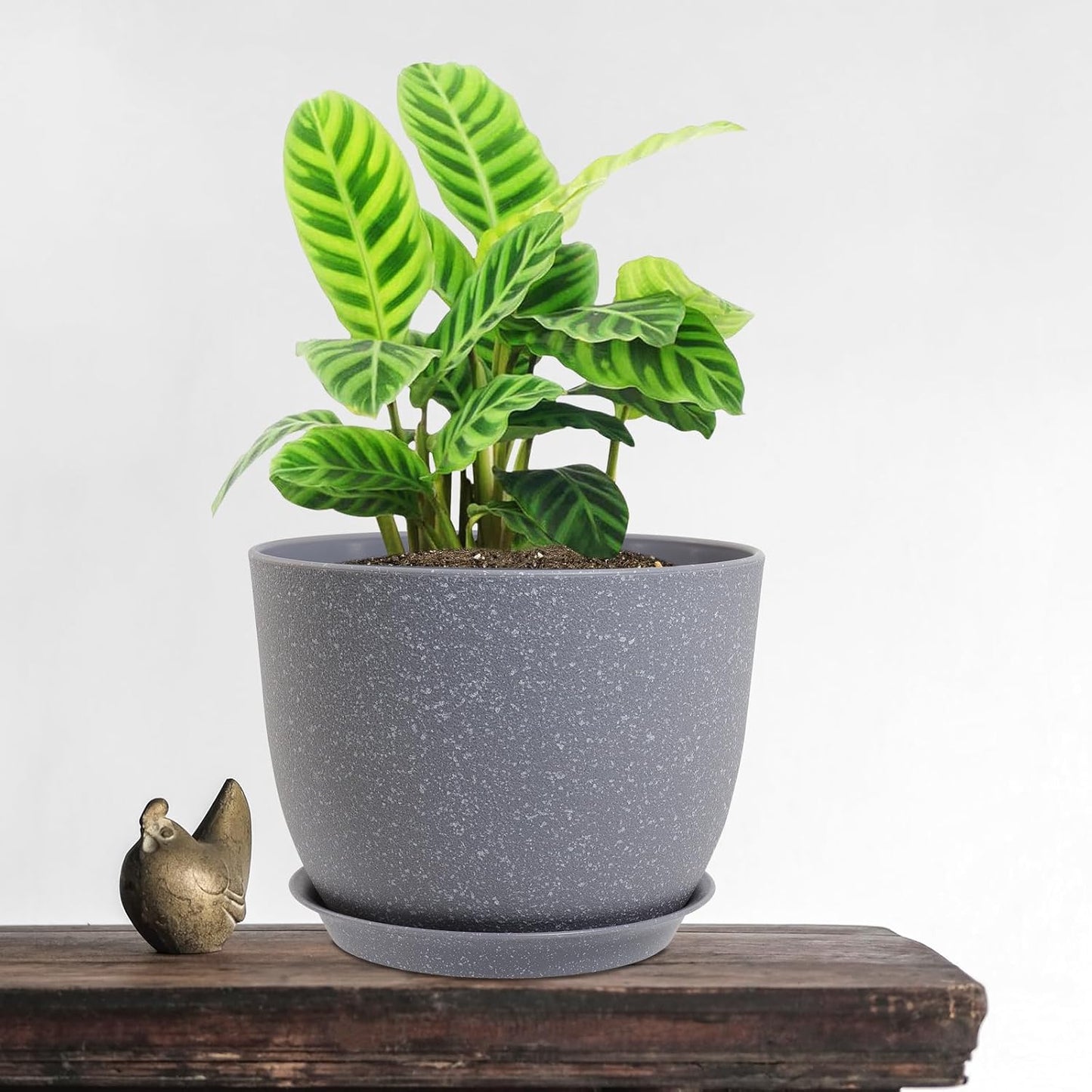 Modern Plant Pots Set, 9/8/7.5 inch Plastic Planters for Indoor Plants, Stylish Flower Pots with Drainage Holes and Saucers for House Plants and Flowers, Grey Speckles