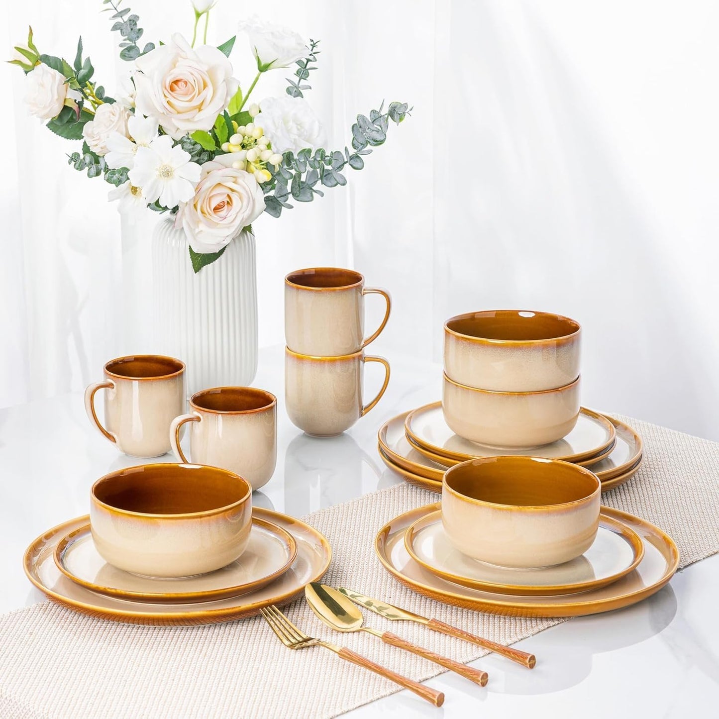 LERATIO Ceramic Dinnerware Sets for 12, 36 Pieces Plates and Bowls Sets, Reactive Glaze Dishes -Scratch Resistant, Dishwasher&Microwave Safe&Oven Safe-Kahki