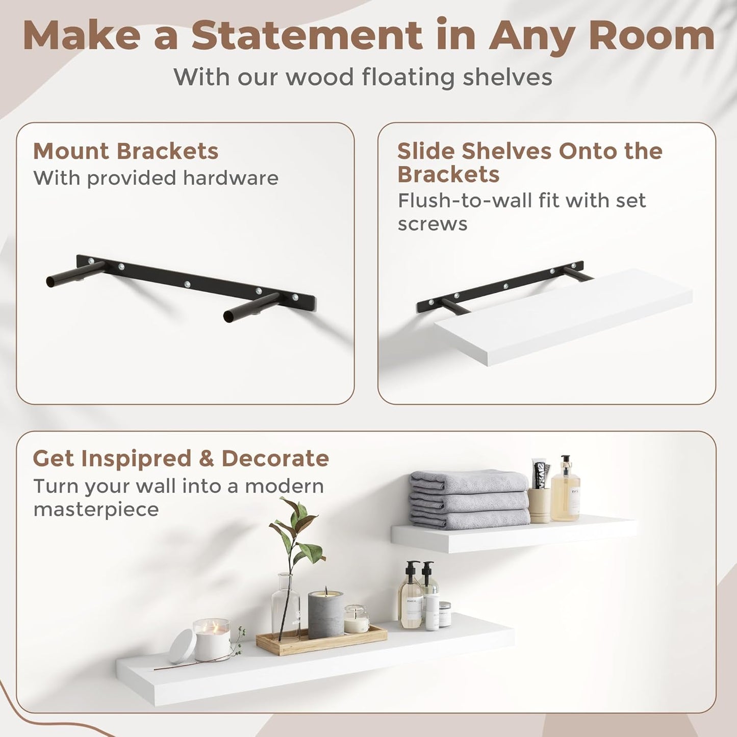 Floating Shelves for Wall with Invisible Brackets, Wall Mounted Engineered Wood Shelves with Wood Grain for Living Room, Bedroom, Bathroom, Kitchen Decor and Storage, Oak, 8"L Set of 3, White