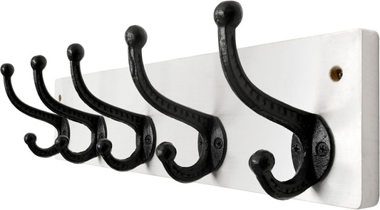 WEBI Rustic Coat Rack Wall Mount,5 Cast Iron Coat Hooks Wall Mounted,Heavy Duty Wall Coat Hanger,Vintage Hooks for Hanging Coats,Clothes,Black on White