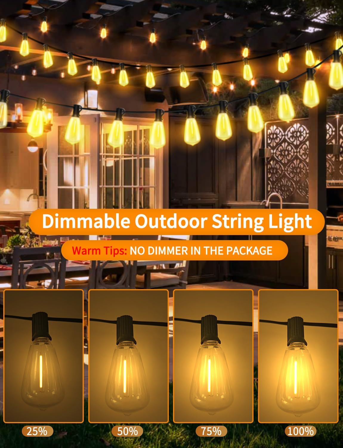 LED Outdoor String Lights 100ft ST38 Waterproof Patio Lights with 50 Vintage Shatterproof Bulbs(3 Spare), Dimmable Outside Hanging Edison String Lights for Backyard Porch Balcony Decor, Warm White