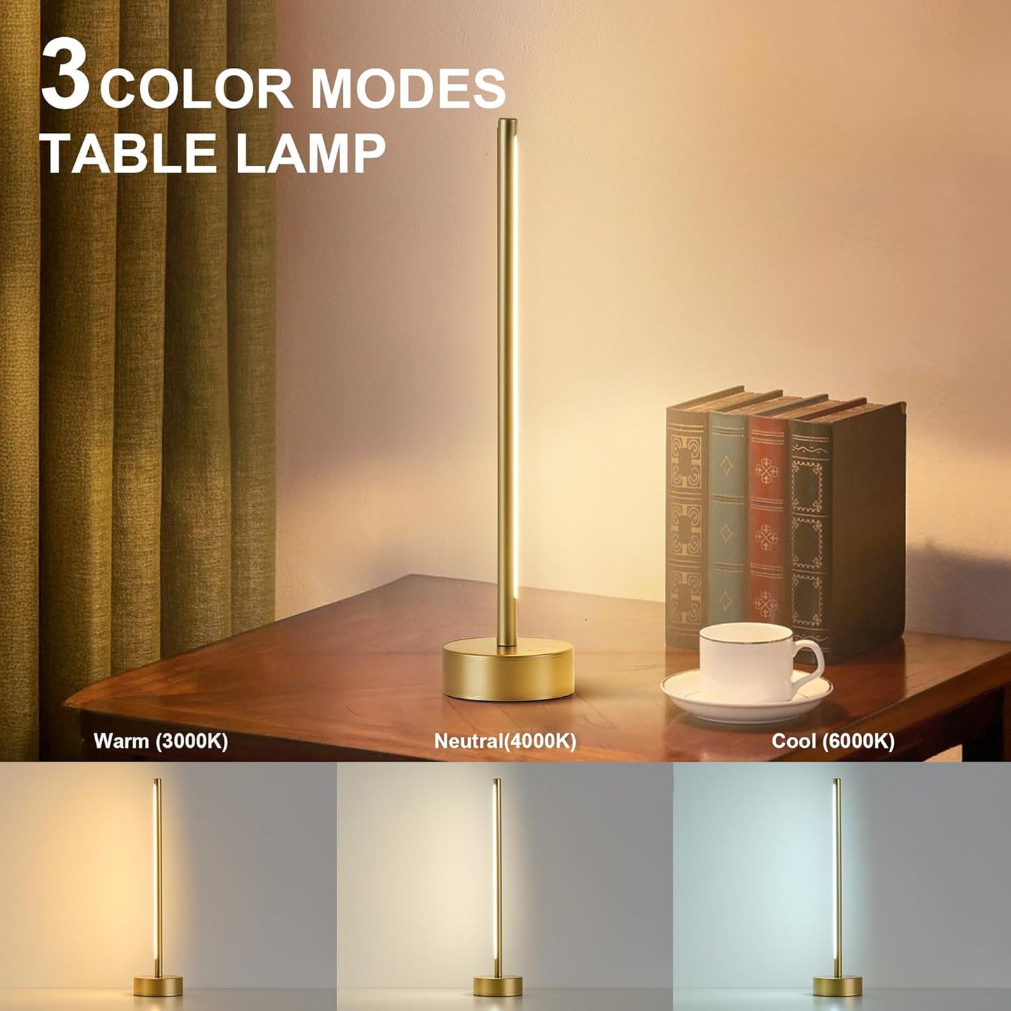 Cordless LED Table Lamp Set of Two, Battery Operated Portable Desk Lamp,Dimmable/3 Color/Memory Function,Modern Rechargeable Table Light for Living Room,Bedroom,Bedside,Gold, 2 Pack