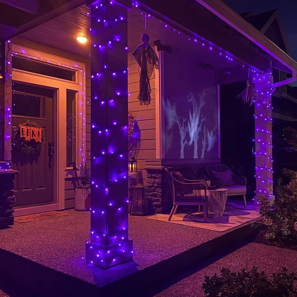 YEGUO 165ft 500 LED Halloween Lights Outdoor Waterproof, 8 Modes Purple String Lights Plug in, Green Wire Christmas Lights Indoor with Timer Memory