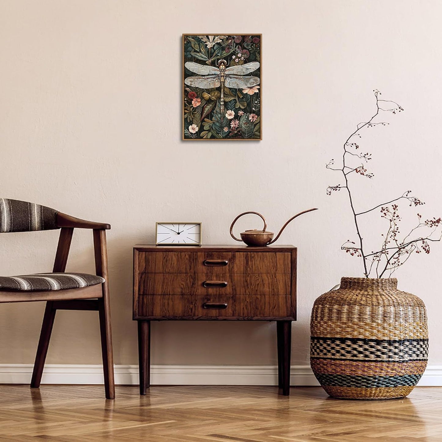 Djmwtb Vintage Framed Wall Art Dragonfly Canvas Wall Art Prints Green Botanical Floral Pictures Flower Painting Wall Decor Artwork for Living Room Bedroom Bathroom Office 16x24in