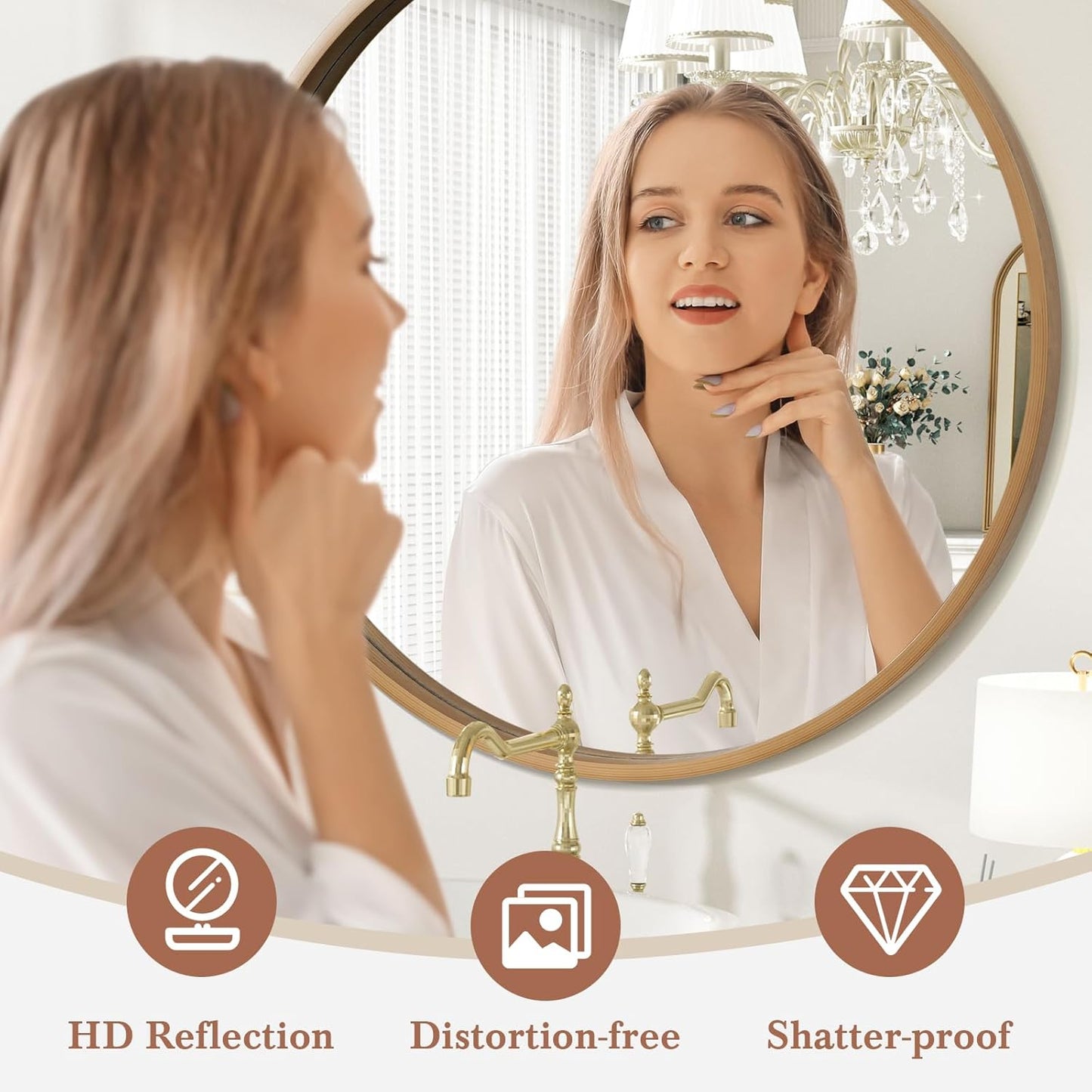 WallBeyond Round Wood Mirror, 36" Round Modern Decoration Large Circle Wall Mirror for Bathroom Living Room Bedroom Entryway, Honey