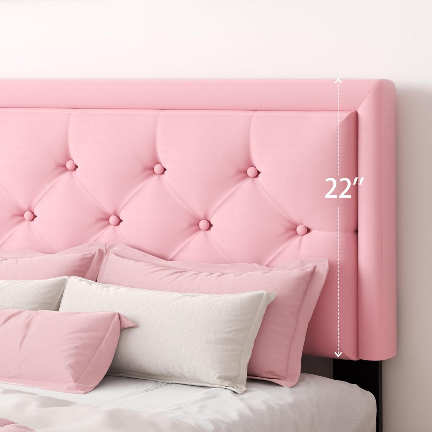 Queen Size Platform Bed Frame with Upholstered Velvet Button Tufted Headboard, Mattress Foundation with Wooden Slat Support, No Box Spring Needed, Easy Assembly, Noise Free, Pink