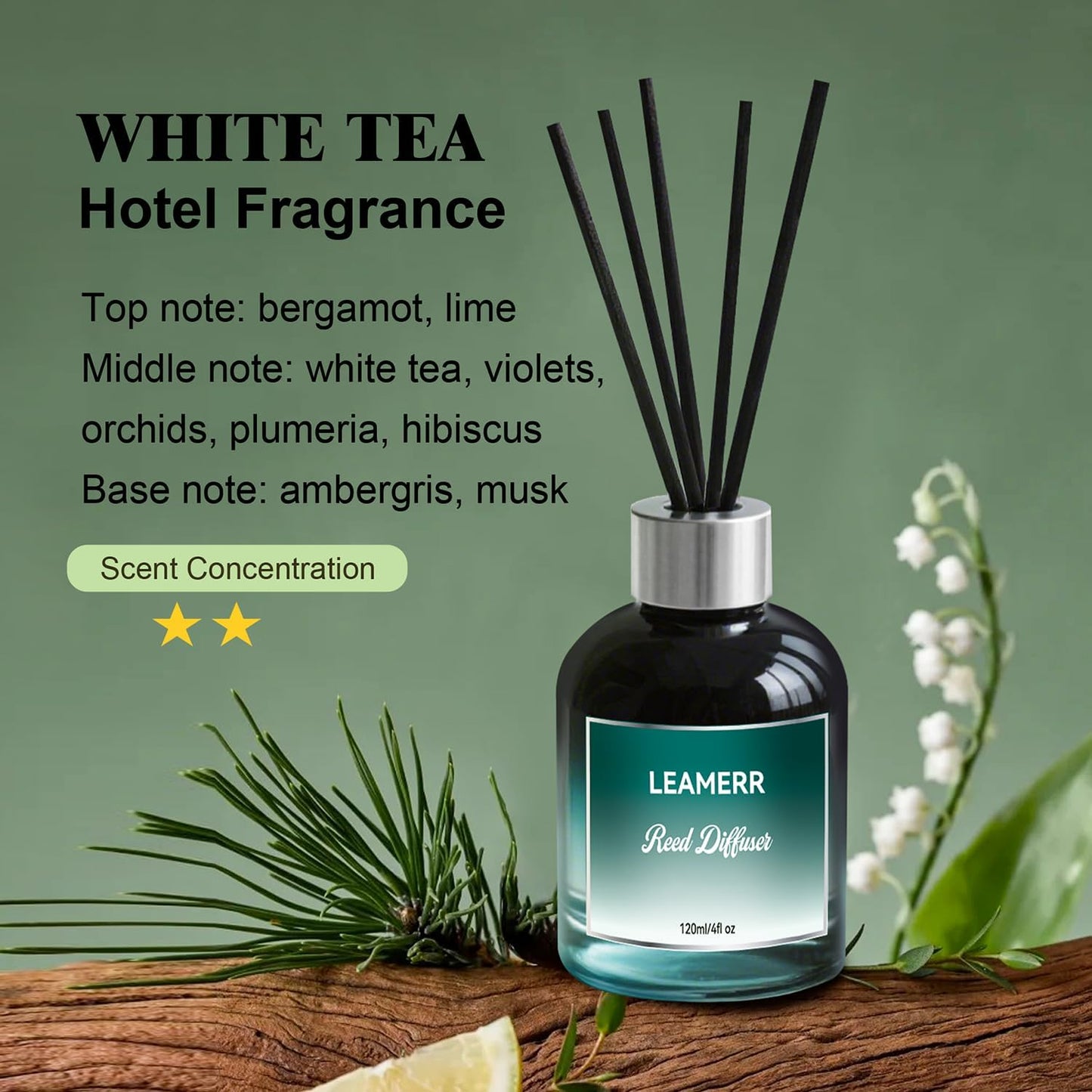 Reed Diffuser Sets, 4oz (120mL)- White Tea Reed Diffuser Oils, with 5 Reed Sticks, Home Fragrance Reed Diffuser for Bathroom Shelf Decoration.