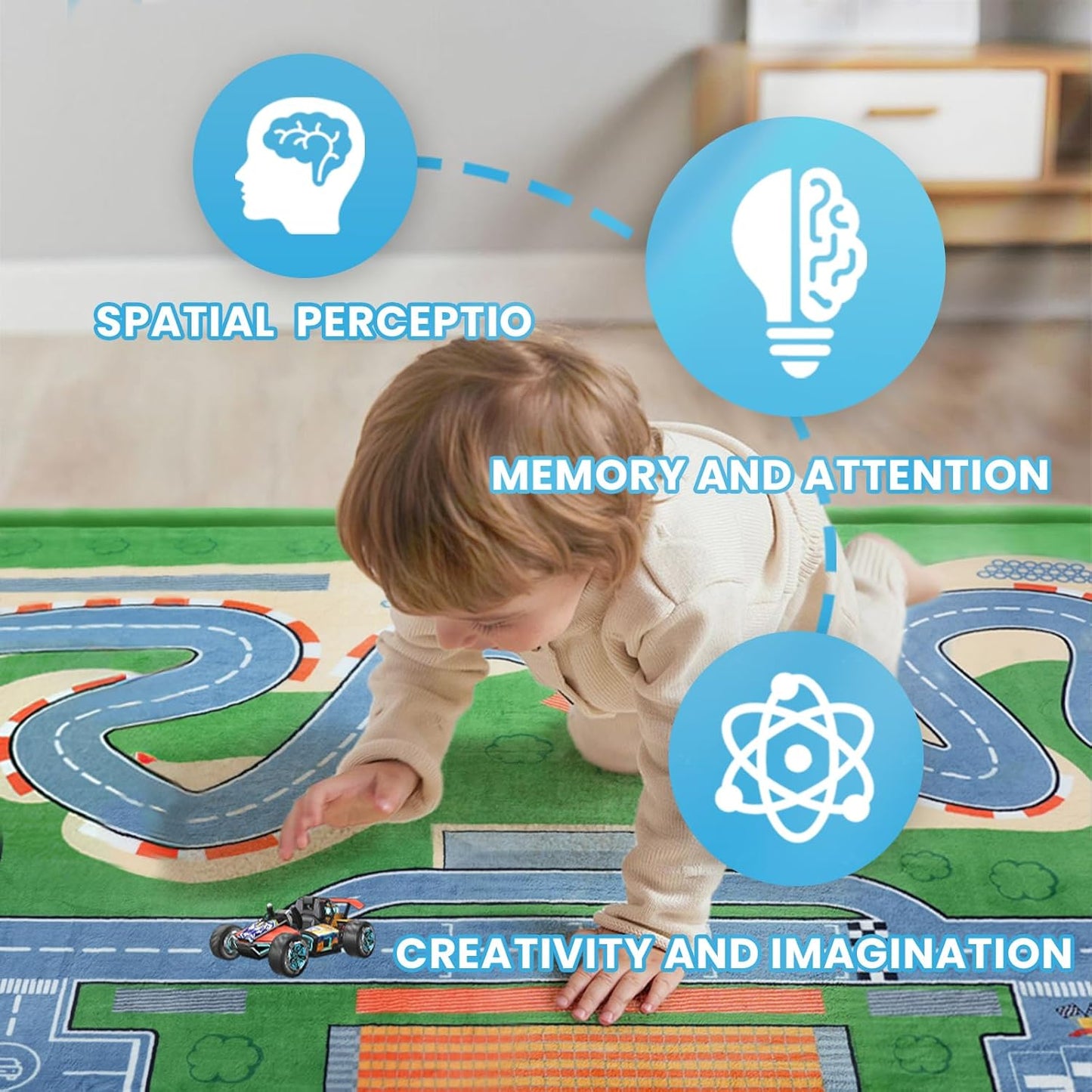 1.3" Thick Educational Baby Floor Play Mat 39x59, Basic Padded Memory Foam Kids Mat, Non-Slip Plush Playmat for Nursery Playroom Classroom (Race Track)