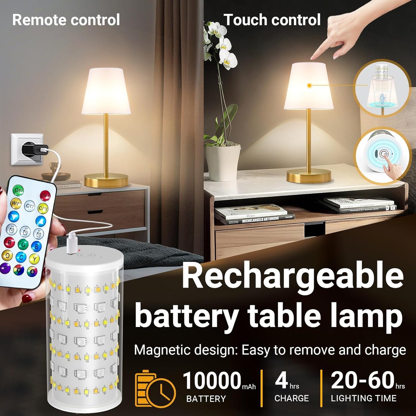 1 Pack Cordless Table Lamp Rechargeable, 10000 mAh Portable LED Battery Operated Lamp with Remote Control, 10 Colors Dimmable Touch Desk Light with Timer for Bedside Night Light Outdoor Patio Camping