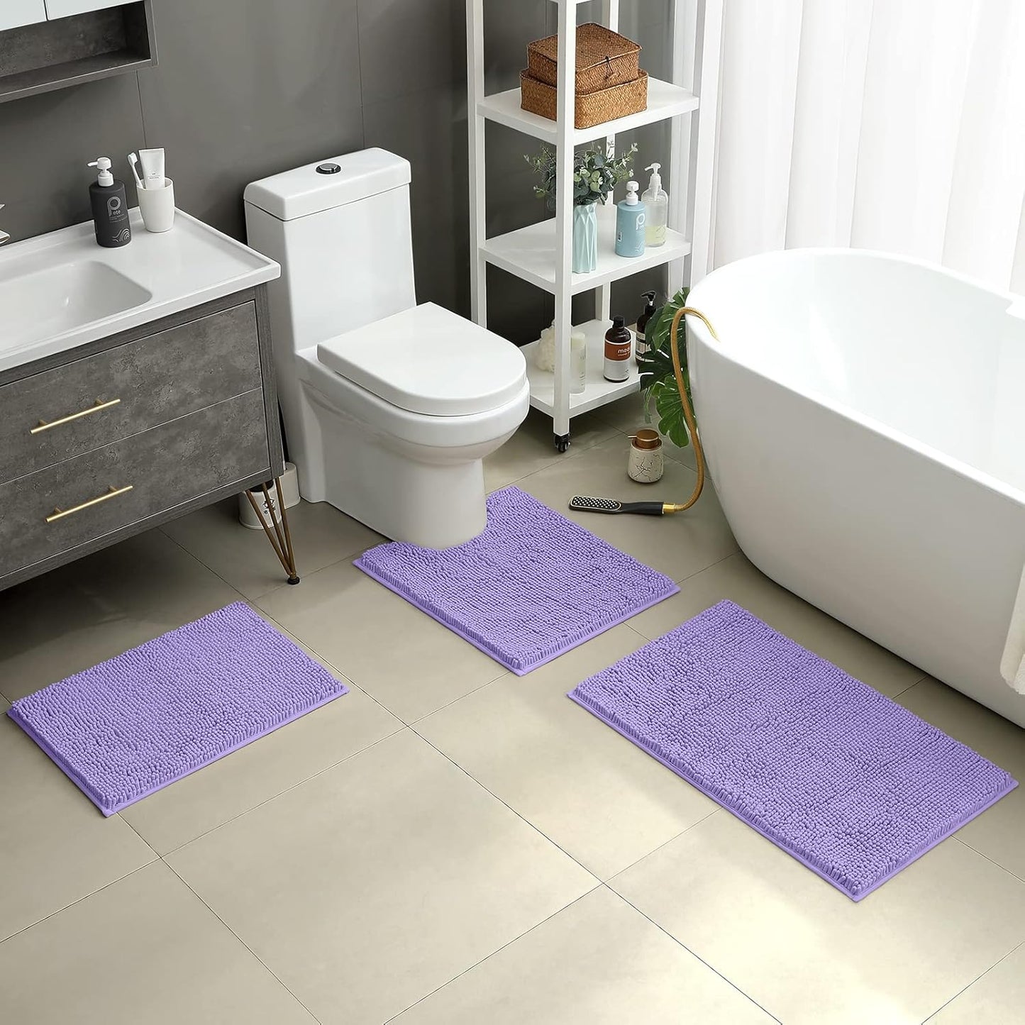 HOMEIDEAS 3 Pieces Bathroom Rugs, Ultra Soft Non Slip Absorbent Chenille Toilet Bath Mat Set (Lavender,17"x24"+20"x32"+U Shape 20"x24")