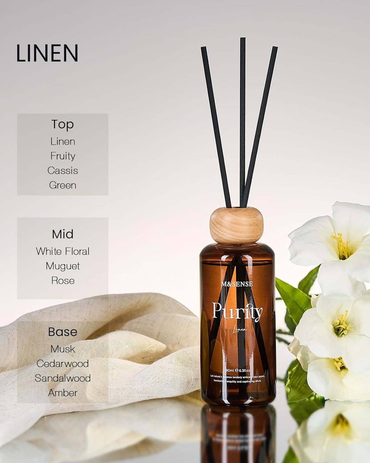 M&SENSE Linen Scent Reed Diffuser | 6.3 fl oz Natural Essential Oil Diffuser with Sticks, Non-Toxic Housewarming Aromatherapy Diffuser Gift for Bathroom & Shelf Decor