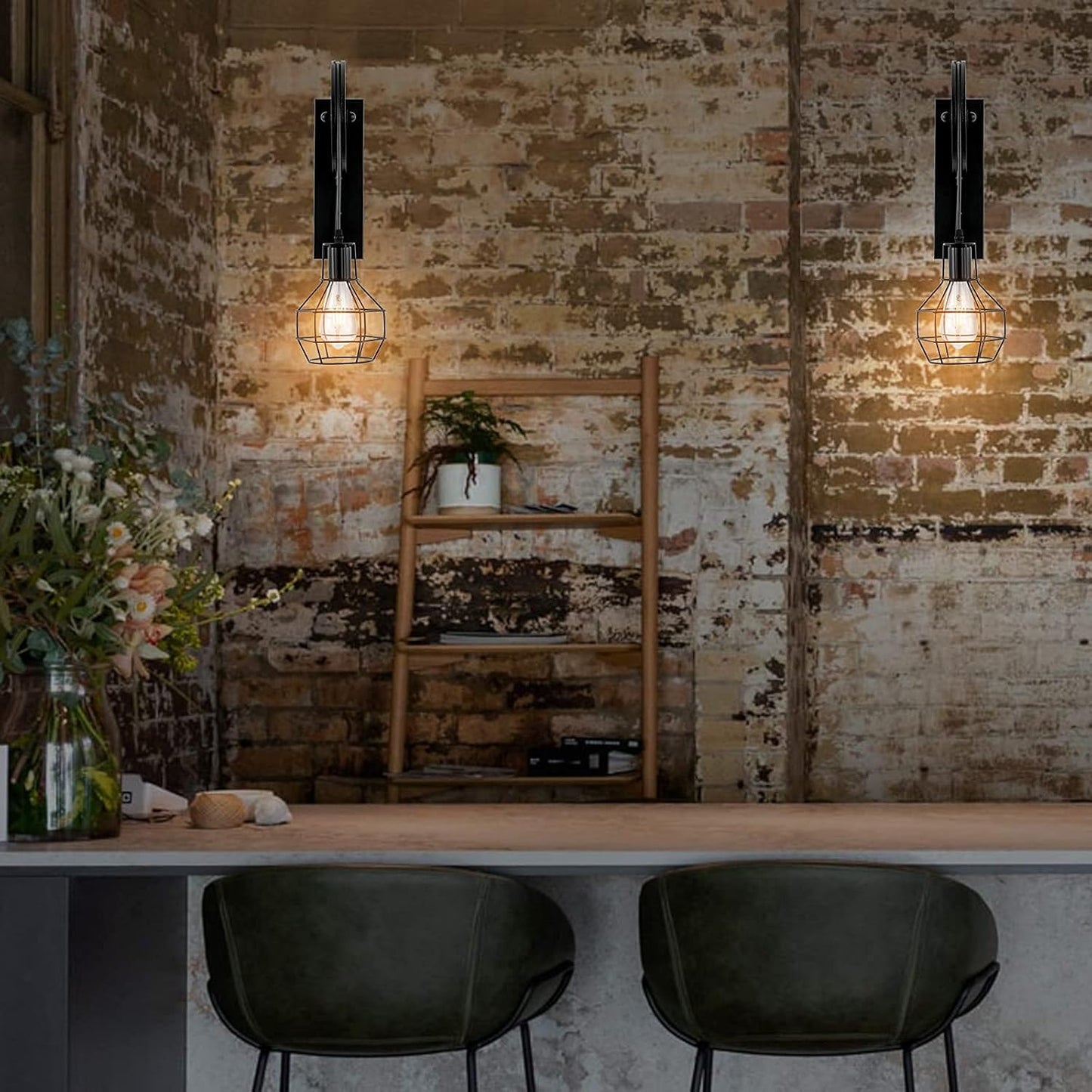 1-Light Rustic Wall Light Lift Pulley with Matte Iron Cage Lampshade Industrial Mid Century Sconce for Indoor Lighting Barn Restaurant (Black Color)