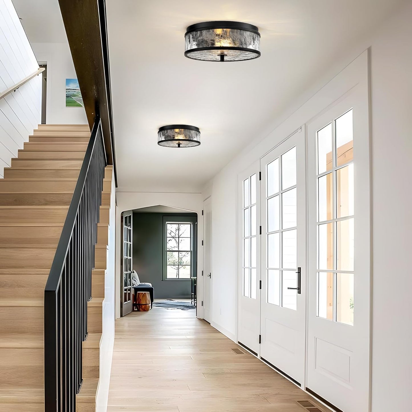 LamQee 12 Inch Flush Mount Ceiling Light with Crackled Glass Shade, 2-Lights Modern Farmhouse Close to Ceiling Lighting Fixture for Hallway Kitchen Bedroom Bathroom Foyer Entryway, Matte Black Finish