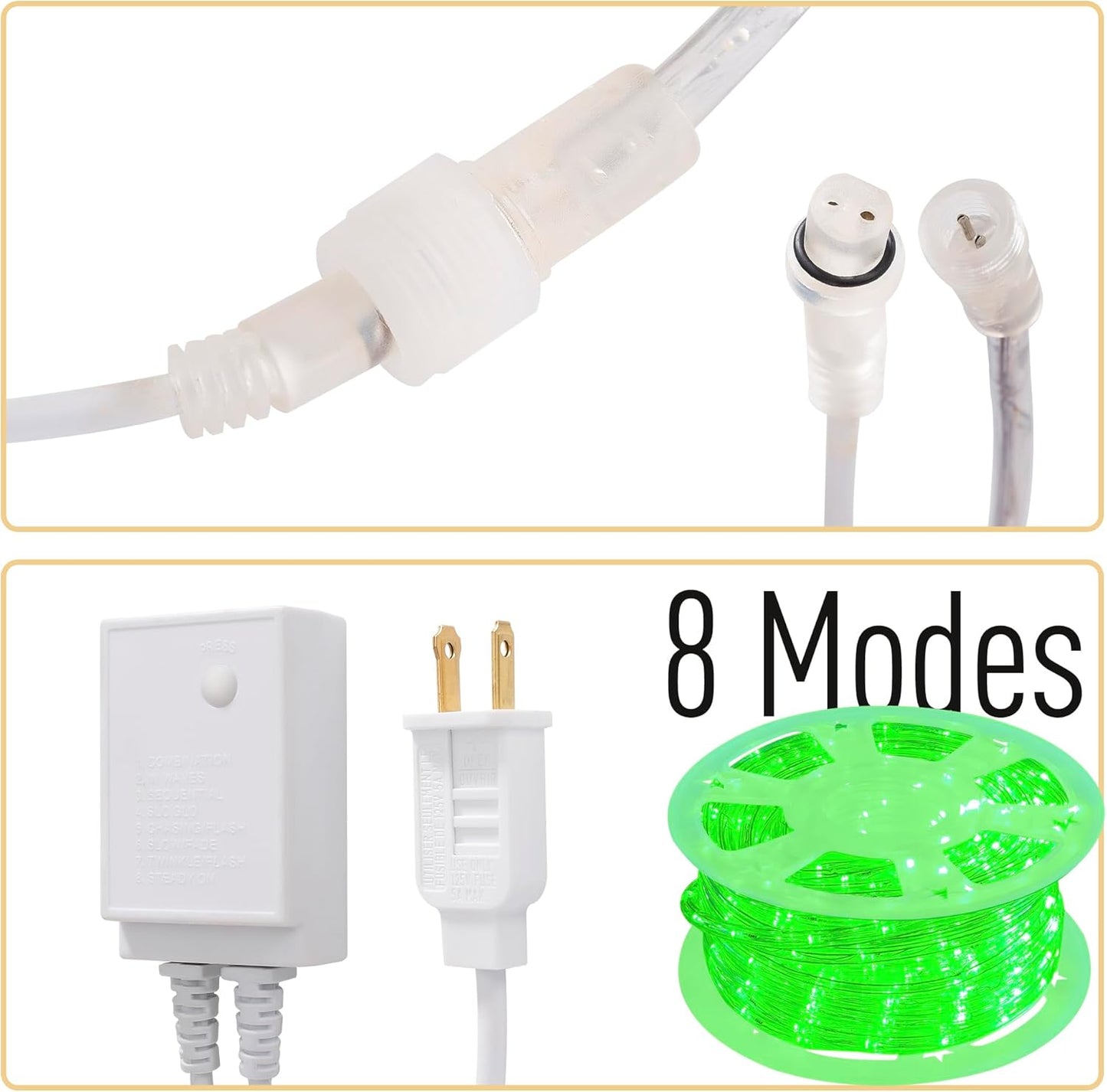 Waterproof LED Rope Lights, Connectable & Flexible with 8 Modes, Outdoor Lighting for Deck, Garden, Pool, Patio & Christmas Decor (Green, 100ft)