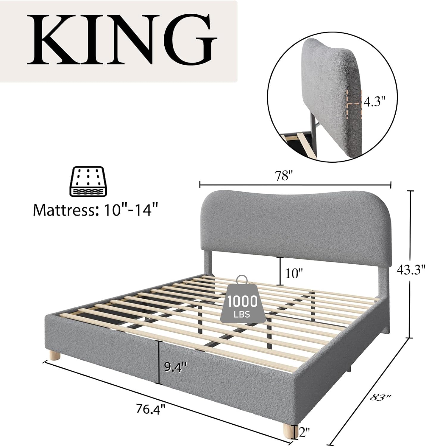 AMERLIFE King Size Upholstered Boucle Bed Frame, Soft Cloud Platform Bed with Adjustable Headboard, Modern Design, Rounded Corners, Rubberwood Legs, No Box Spring Needed, Easy Assembly, Charcoal Gray