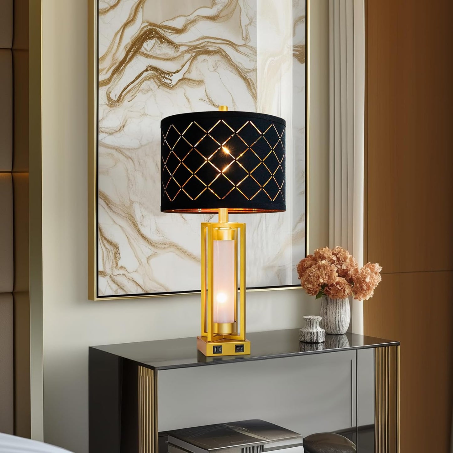 RORIANO Set of 2 Modern Table Lamps for Living Room Bedroom with USB C+A, Rustic Nightstand Lamps with White Night Light, Black Grid Shade, Desk Lamps for Bedside End Tables, 4 Bulbs Included (Gold)