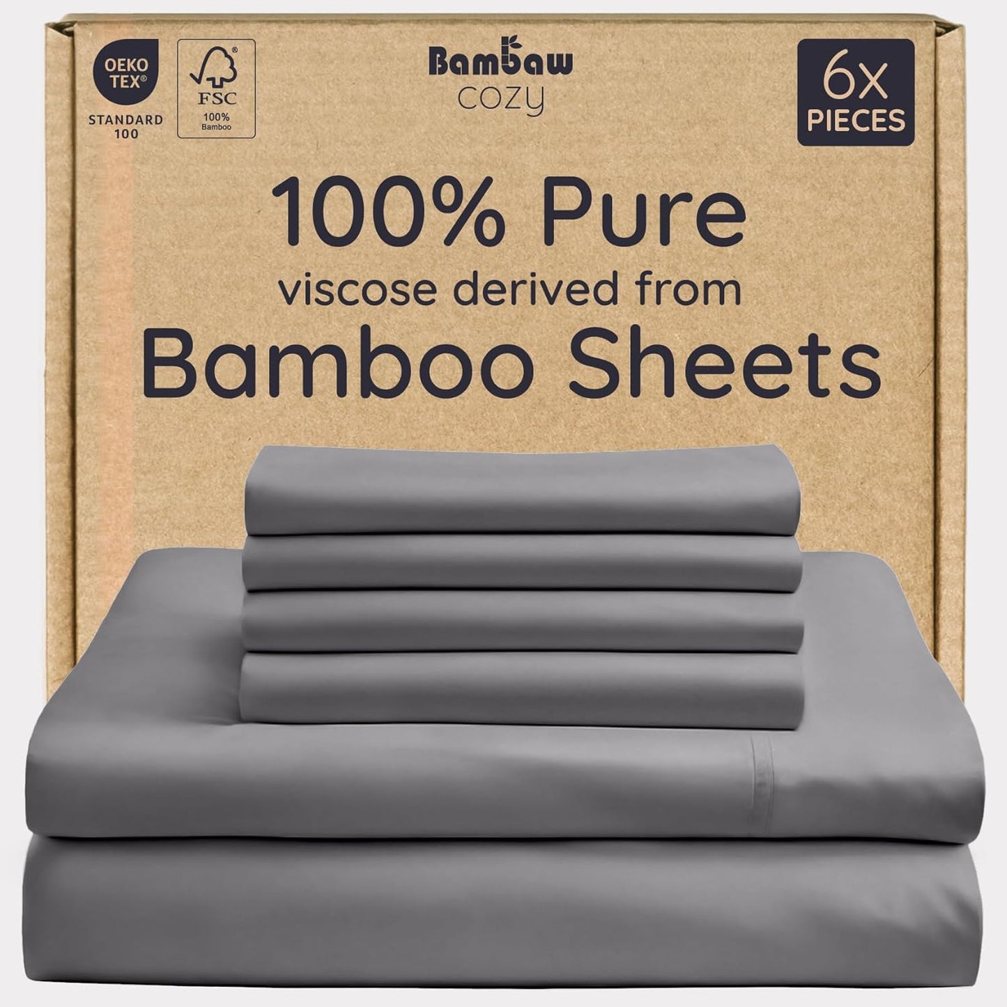 Bambaw 100% Viscose Derived from Bamboo Sheets King Size Set – 6pcs Deep Pocket King Sheets Cooling, Fits Up to 16'' with Elastic Corner Straps, Super Soft Bedding Set (Dark Gray)