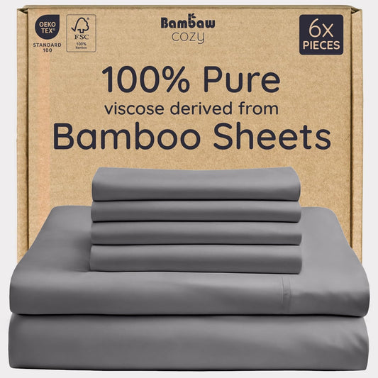 Bambaw 100% Viscose Derived from Bamboo Sheets King Size Set – 6pcs Deep Pocket King Sheets Cooling, Fits Up to 16'' with Elastic Corner Straps, Super Soft Bedding Set (Dark Gray)