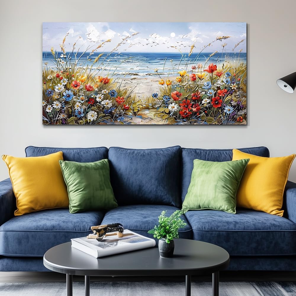 MHARTK66 Wall Decor For Living Room Large Canvas Wall Art Flowers Farmhouse Bedroom Wall Painting Office Blue Watercolor Print Nature Ocean Poster Modern Home Decorations Frames Artwork Easy Hanging