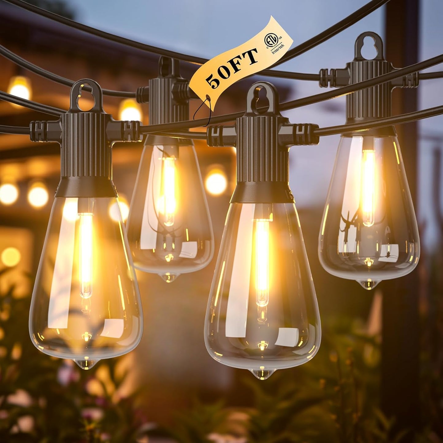 Kawaya 50FT Outdoor String Lights - Outside LED Patio Light with 25+2 Shatterproof Vintage Edison Bulbs - 2700K Dimmable IP65 Waterproof Hanging Lighting for Yard Porch Deck Balcony Bistro Cafe Party