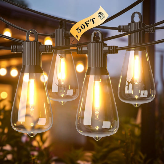 Kawaya 50FT Outdoor String Lights - Outside LED Patio Light with 25+2 Shatterproof Vintage Edison Bulbs - 2700K Dimmable IP65 Waterproof Hanging Lighting for Yard Porch Deck Balcony Bistro Cafe Party