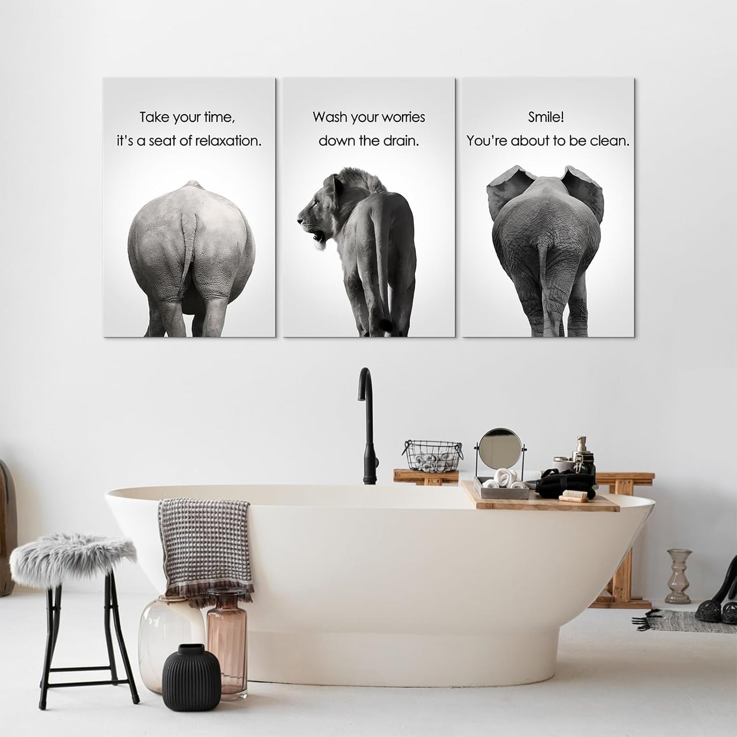 Mistyefly 3 Pieces Bathroom Wall Art - Funny African Animal Canvas With Quotes for Decor (20"Wx28"Hx3PCS)