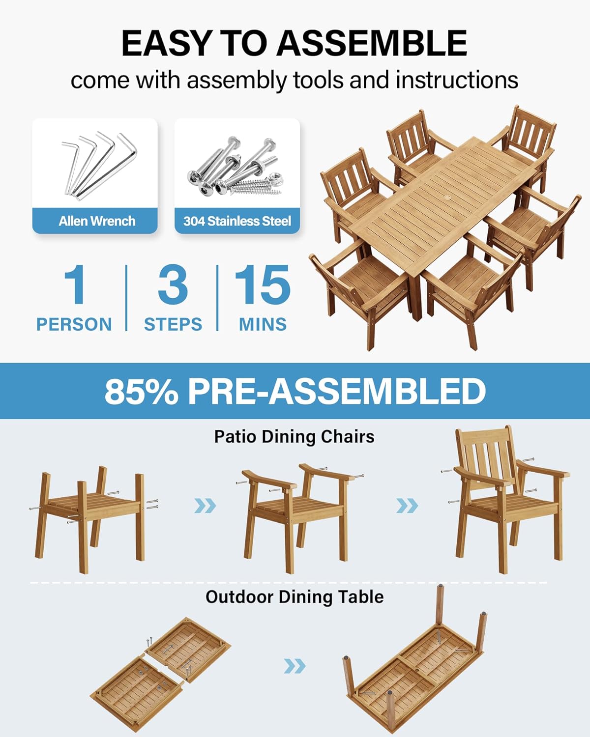 YEFU HIPS Patio Table Set: 7 Piece Outdoor Table and Chairs Dining Furniture Set with Umbrella Hole - Teak Modern Plastic Dining Sets 6 Person for Outside Deck with Metal Aluminum Frame