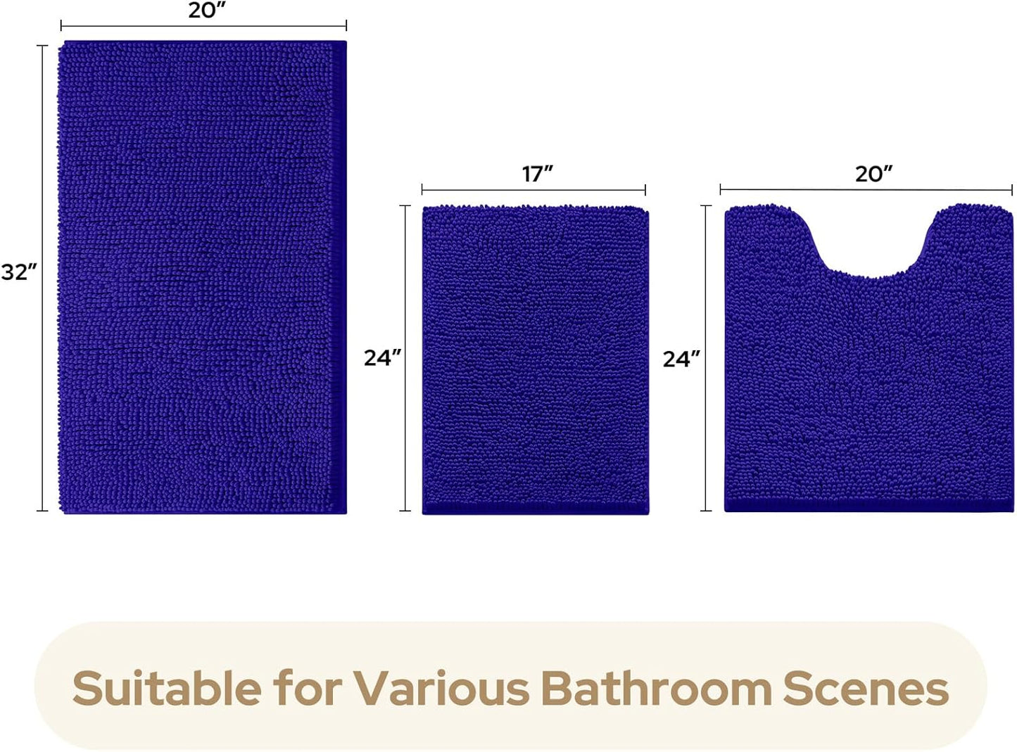 HOMEIDEAS 3 Pieces Bathroom Rugs, Ultra Soft Non Slip Absorbent Chenille Toilet Bath Mat Set (Royal Blue,17"x24"+20"x32"+U Shape 20"x24")